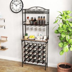 Freestanding Floor Wine Rack,Tall Wine Holder Stand with Wine Glass Holder,Storage Shelves,Wood Metal Stackable Bakers Rack