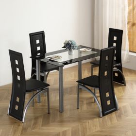5 Pieces Dining Table Set for 4, Kitchen Room Tempered Glass Dining Table, 4 Chairs, Black, Table legs are silvery(including 2 packages)