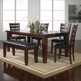 Contemporary 6pc Dining Set 18" Extendable Leaf Table Leather Look Polyurethane PU Fabric Upholstered Chair Bench Seats Brown Finish Wooden Solid Wood