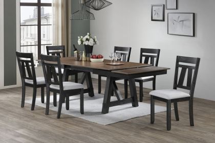 7pc Cottage Style Extendable Dining Table Set Wheat Charcoal Tow Tone Finish Upholstered Chair Dining Room Wooden Furniture Two Self-Storing Refectory