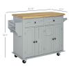 HOMCOM Rolling Kitchen Island with Rubber Wood Top, Spice/Towel Rack, Storage Drawers, Mobile Cart for Dining Room, Gray